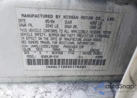 2005 Nissan Altima 2.5 S из США, поврежденный, VIN 1N4AL11D55C176282